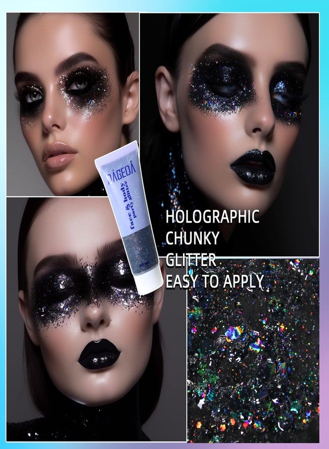 DAGEDA Body Glitter Gel, Face Glitters Body Gel Sequins Shimmer Liquid Eyeshadow, Chunky Glitter for Face Hair Nails, Holographic Cosmetic Laser Powder Festival Glitter Makeup 1.7oz (Black) - Image 4